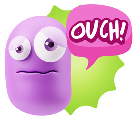 3d Rendering Sad Character Emoticon Expression saying Ouch! with