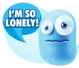 3d Rendering Sad Character Emoticon Expression saying I'm so Lon