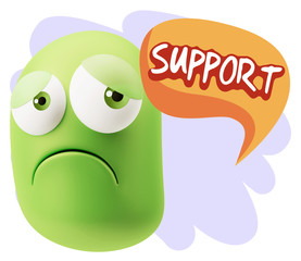 3d Rendering Sad Character Emoticon Expression saying Support wi