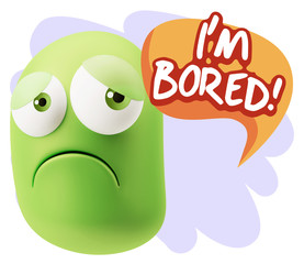 3d Rendering Sad Character Emoticon Expression saying I'm Bored