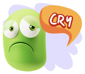 3d Rendering Sad Character Emoticon Expression saying Cry with C