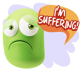 3d Rendering Sad Character Emoticon Expression saying I'm Suffer