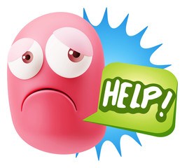 3d Rendering Sad Character Emoticon Expression saying Help! with