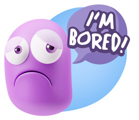 3d Rendering Sad Character Emoticon Expression saying I'm Bored