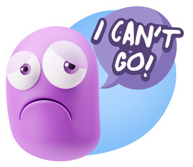 3d Rendering Sad Character Emoticon Expression saying I Can't Go