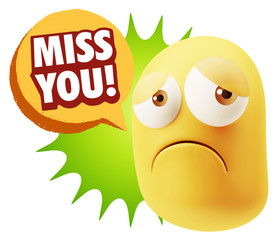 3d Rendering Sad Character Emoticon Expression saying Miss You w