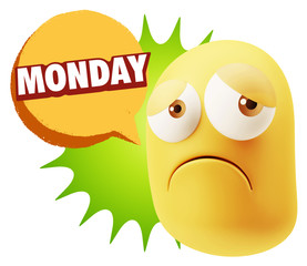 3d Rendering Sad Character Emoticon Expression saying Monday wit