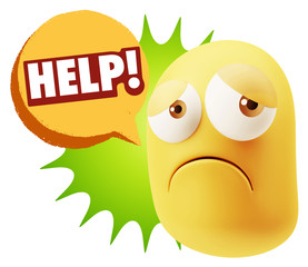 3d Rendering Sad Character Emoticon Expression saying Help! with