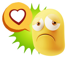 3d Rendering Sad Character Emoticon Expression saying Heart Shap