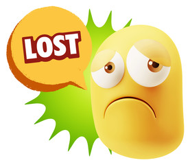 3d Rendering Sad Character Emoticon Expression saying Lost with