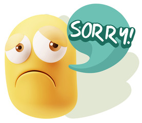 3d Rendering Sad Character Emoticon Expression saying Sorry with