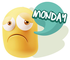 3d Rendering Sad Character Emoticon Expression saying Monday wit