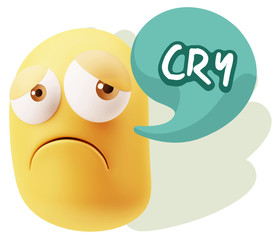 3d Rendering Sad Character Emoticon Expression saying Cry with C