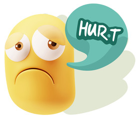 3d Rendering Sad Character Emoticon Expression saying Hurt with