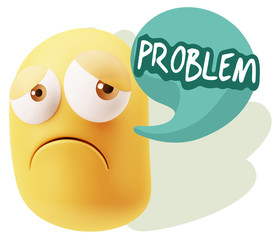 3d Rendering Sad Character Emoticon Expression saying Problem wi