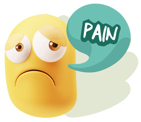 3d Rendering Sad Character Emoticon Expression saying Pain with