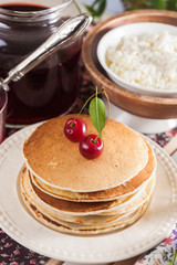 pancakes with cherry flowers still life summer