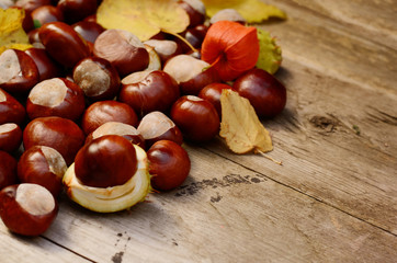 Fresh chestnuts on a rustic wooden table. Autumn concept background with space for text