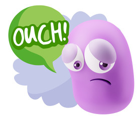 3d Rendering Sad Character Emoticon Expression saying Ouch! with
