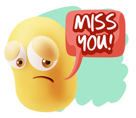 3d Rendering Sad Character Emoticon Expression saying Miss You w