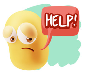 3d Rendering Sad Character Emoticon Expression saying Help! with