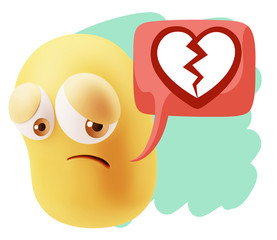 3d Rendering Sad Character Emoticon Expression saying Broken Hea