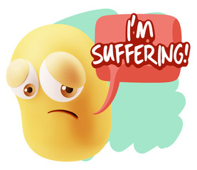 3d Rendering Sad Character Emoticon Expression saying I'm Suffer