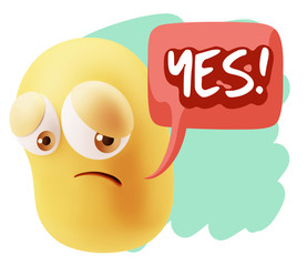 3d Rendering Sad Character Emoticon Expression saying Yes with C