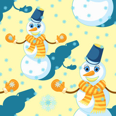 seamless pattern with a snowman wearing a scarf, mittens, and a