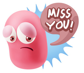 3d Rendering Sad Character Emoticon Expression saying Miss You w