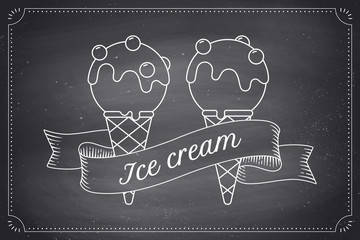 Ice cream scoop in cones and vintage engraving ribbon