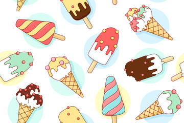 Colorful seamless pattern with ice cream different pastel color in line graphic