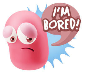 3d Rendering Sad Character Emoticon Expression saying I'm Bored