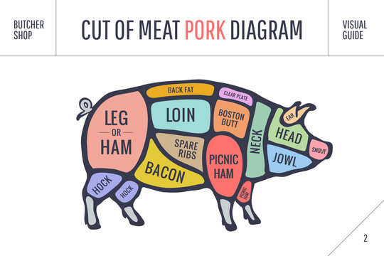 Cut of meat set. Poster Butcher diagram, scheme and guide - Pork.