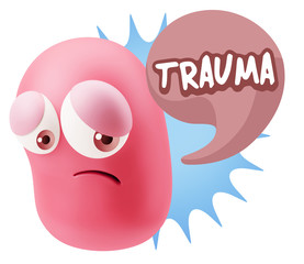 3d Rendering Sad Character Emoticon Expression saying Trauma wit