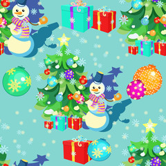 seamless pattern with Christmas decorations, gifts, snowman, sno