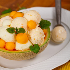 Exotic Cantaloupe Melon Ice Cream. Selective focus.