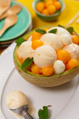 Exotic Cantaloupe Melon Ice Cream. Selective focus.