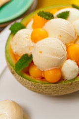 Exotic Cantaloupe Melon Ice Cream. Selective focus.