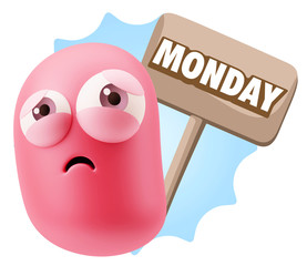 3d Rendering Sad Character Emoticon Expression saying Monday wit