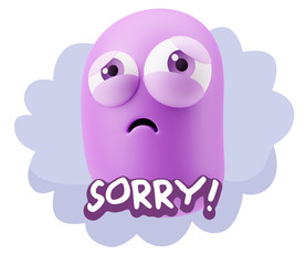 3d Rendering Sad Character Emoticon Expression saying Sorry with