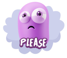 3d Rendering Sad Character Emoticon Expression saying Please wit