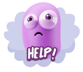 3d Rendering Sad Character Emoticon Expression saying Help! with