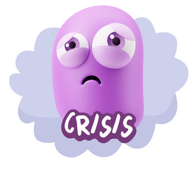 3d Rendering Sad Character Emoticon Expression saying Crisis wit