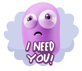 3d Rendering Sad Character Emoticon Expression saying I Need you