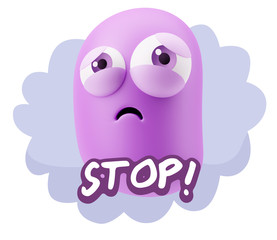 3d Rendering Sad Character Emoticon Expression saying Stop! with