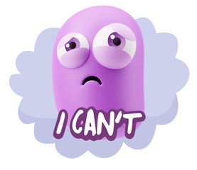 3d Rendering Sad Character Emoticon Expression saying I Can't wi