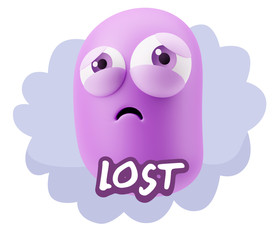 3d Rendering Sad Character Emoticon Expression saying Lost with