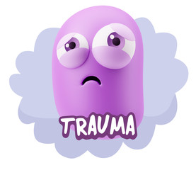3d Rendering Sad Character Emoticon Expression saying Trauma wit