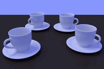 3D-Rendering von vier weißen Kaffeetassen mit Untertasse auf einer dunklen, spiegelnden Fläche mit hellblauem Hintergrund
